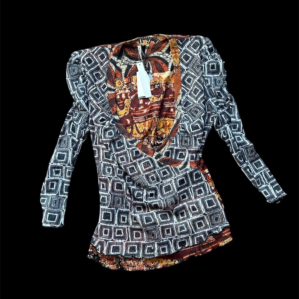 Art to Wear Faux Wrap Long Sleeve Top Mesh Blouse NWT Abstract Just Living M